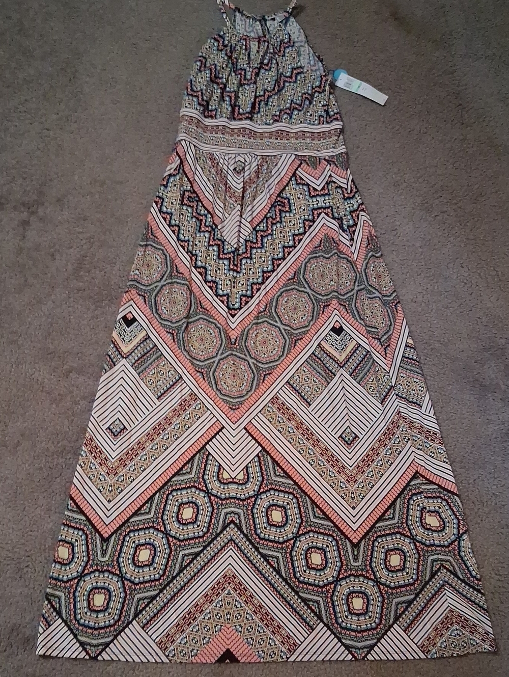 New LONDON STYLE Boho Geometric Maxi Extralong in Coral, Navy & Cream, Size 10